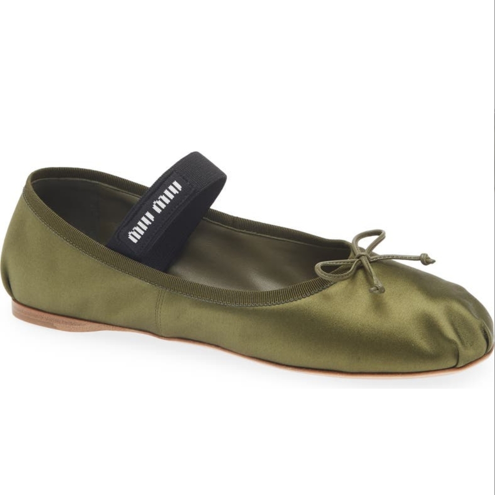 Miu Miu Green and Black Satin Ballet Flats with Elastic Strap